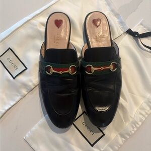 Gucci Princetown Black Leather Horsebit Mules with Green and Red Web